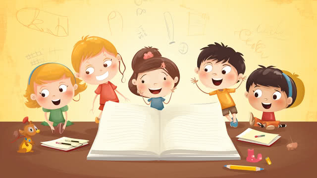 Home pngtree school kids reading an open book in classroom illustration image 2964294